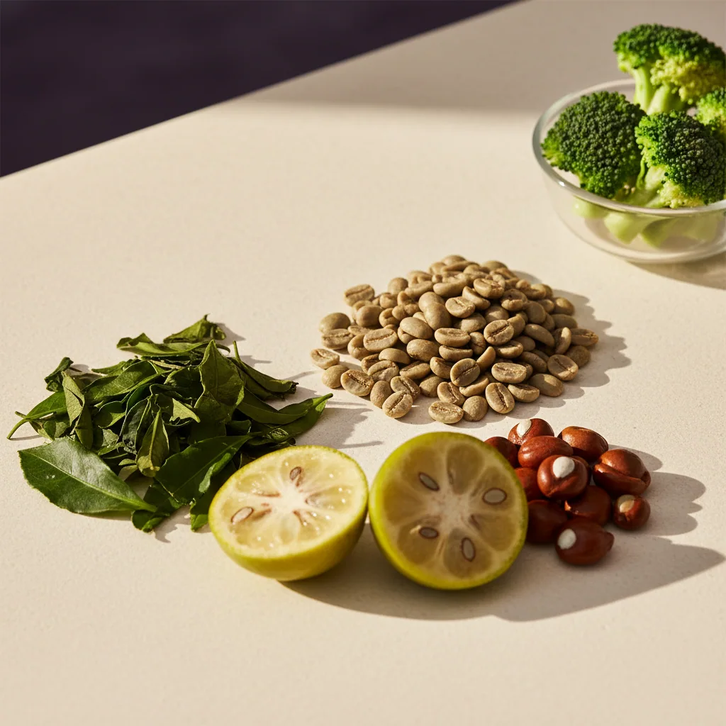 Botanical ingredients flat lay: green coffee beans, green tea, garcinia cambogia, guarana seeds